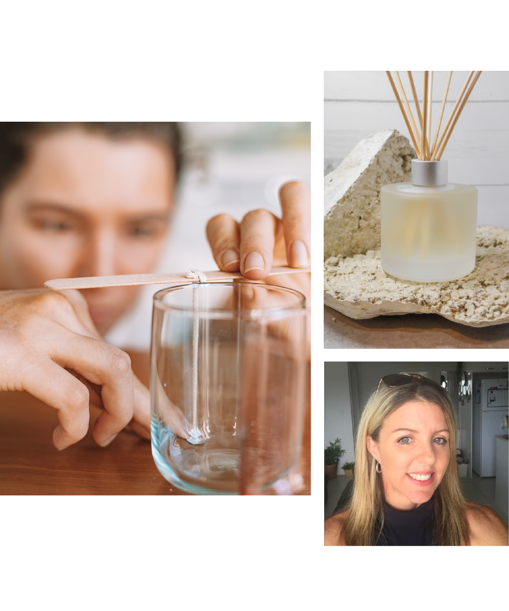 Collage of candles being made with owner of Crystl. Candles, Toni