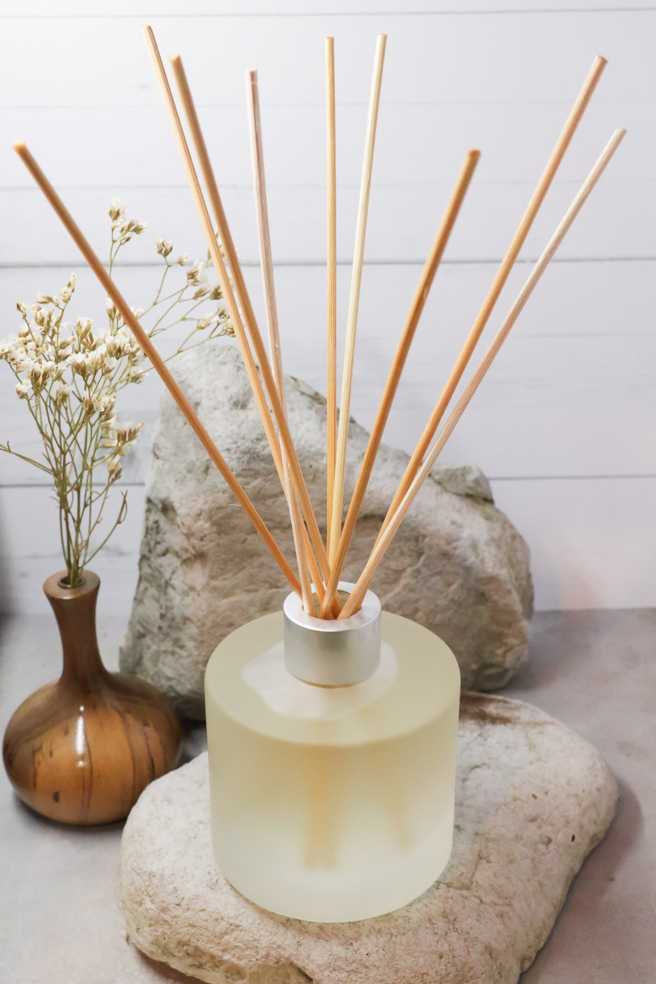 Crystal infused diffuser with wicks with the fragrance Patchouli, Sandalwood, Vanilla and Lotus