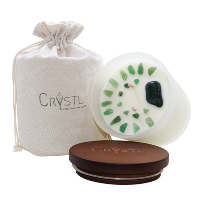 Crystal candle with Crystl. Candles wooden lid and linen bag.
