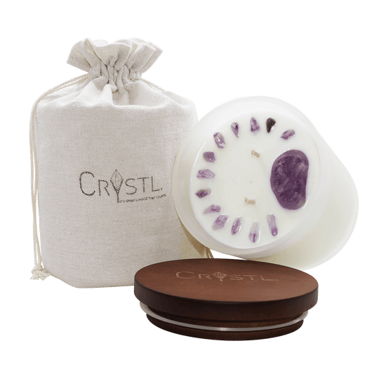 Crystal candle with Crystl. Candles wooden lid and linen bag.